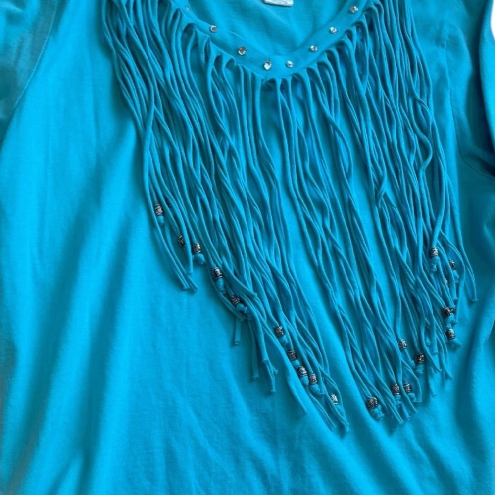Back in the Saddle Western Fringe Cotton Shirt Cowgirl L Fairy Aqua Grunge